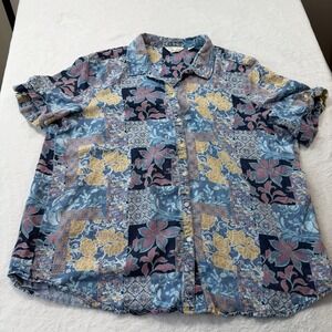 Caffe Marrakesh Button Down Top Womens XL Blue Floral Patchwork Good Tencel